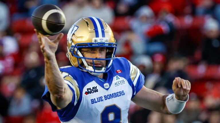Winnipeg Blue Bombers quarterback Zach Collaros throws the football during second half CFL football action against the Winnipeg Blue Bombers in Calgary, Friday, June 5, 2026. (Jeff McIntosh/THE CANADIAN PRESS)