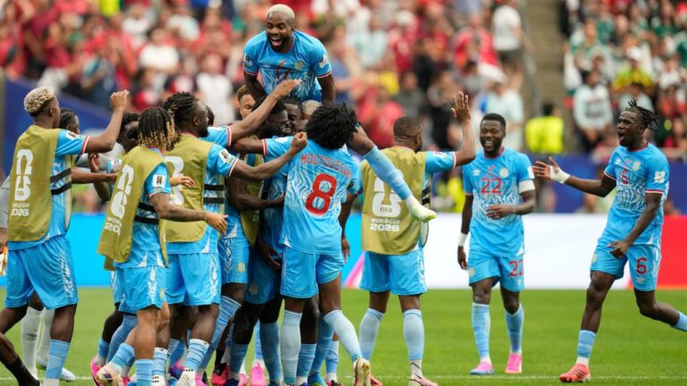 Congo players celebrate their side's first goal during the World Cup Group K soccer match between Portugal and Congo in Houston, Wednesday, June 17, 2026. (Karen Warren/AP)