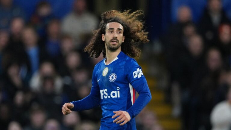 Chelsea's Marc Cucurella runs into position during the English Premier League soccer match between Chelsea and Newcastle United at Stamford Bridge stadium in London, Saturday, March 14, 2026. (Dave Shopland/AP)