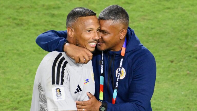 Curacao goalkeeper Eloy Room, left, is embraced after the World Cup Group E soccer match between Ecuador and Curacao in Kansas City, Mo., Saturday, June 20, 2026. (Reed Hoffmann/AP Photo)