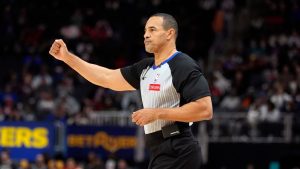 Referee Curtis Blair signals during the second half of an NBA basketball game between the Detroit Pistons and the Chicago Bulls, Nov. 18, 2024, in Detroit. (Carlos Osorio/AP)