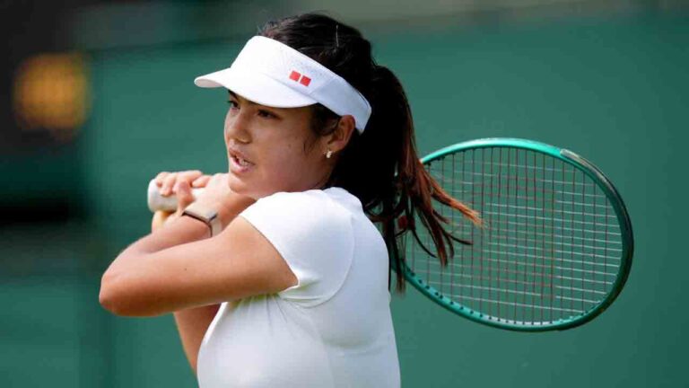Emma Raducanu of Britain returns a shot, during a practice session, ahead of the Wimbledon Tennis Championships, at the All England Lawn Tennis and Croquet Club, in London, Saturday June 27, 2026. (John Walton/PA via AP)