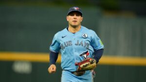 Toronto Blue Jays centre fielder Daulton Varsho (5) runs in the sixth inning of a baseball game against the Atlanta Braves, Tuesday, June 2, 2026, in Atlanta. (Mike Stewart/AP)