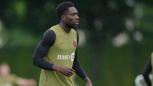 Canada's Alphonso Davies works out during a training session during the FIFA World Cup soccer tournament, Monday, June 15, 2026 in Vancouver, British Columbia. (Abbie Parr/AP)
