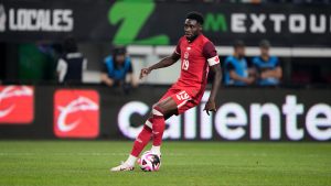 Canada defenceman Alphonso Davies controls the ball during an international friendly soccer match against Mexico Tuesday, Sept. 10, 2024, in Arlington, Texas. (Tony Gutierrez/AP)