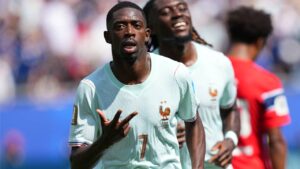 France's Ousmane Dembele celebrates after scoring his side's third goal during the World Cup Group I soccer match between Norway and France in Foxborough, Mass., near Boston, Friday, June 26, 2026. (Martin Meissner/AP)