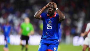 Haiti midfielder Dominique Simon reacts following an unsuccessful scoring attempt during the second half of an international friendly soccer match against Peru, Friday, June 5, 2026, in Miami. (Rebecca Blackwell/AP)