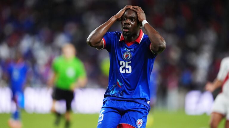 Haiti midfielder Dominique Simon reacts following an unsuccessful scoring attempt during the second half of an international friendly soccer match against Peru, Friday, June 5, 2026, in Miami. (Rebecca Blackwell/AP)