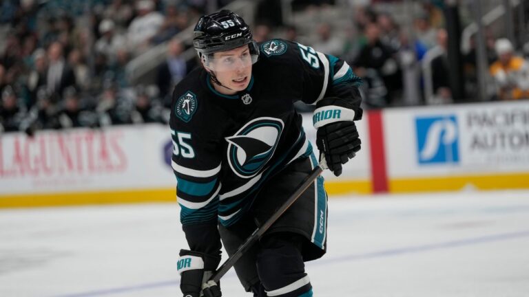 San Jose Sharks right wing Walker Duehr during an NHL hockey game against the Nashville Predators in San Jose, Calif., Thursday, Jan. 23, 2025. (Jeff Chiu/AP)