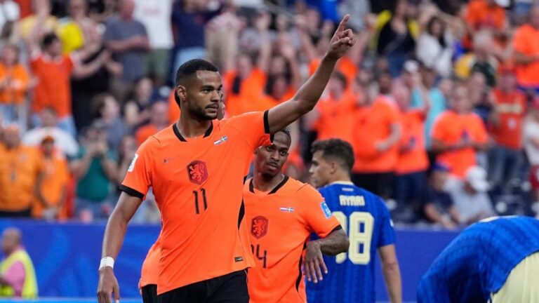 Netherlands' Cody Gakpo (11) celebrates after scoring his side's fourth goal during the World Cup Group F soccer match between the Netherlands and Sweden in Houston, Saturday, June 20, 2026. (Ashley Landis/AP)