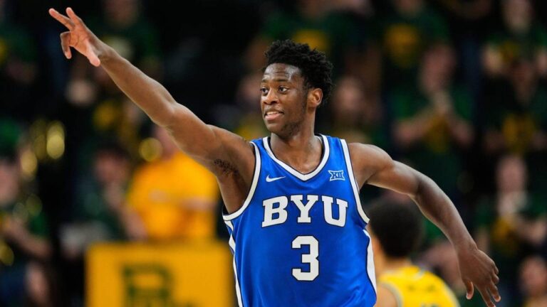 BYU forward AJ Dybantsa celebrates his three-pointer in the second half of an NCAA college basketball game against Baylor, Feb. 10, 2026, in Waco, Texas. (Tony Gutierrez/AP)