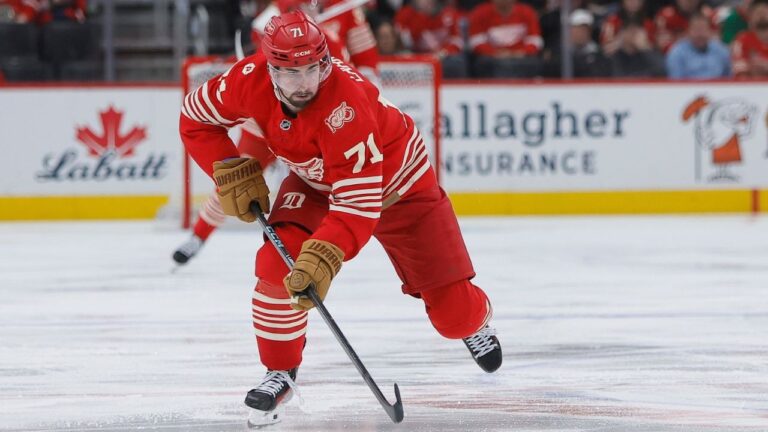 Detroit Red Wings centre Dylan Larkin (71) drives the puck down the ice against the Florida Panthers during the third period of an NHL hockey game Friday, March 6, 2026, in Detroit. (Duane Burleson/AP)