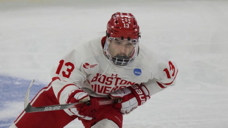 Boston U. forward Dylan Peterson plays during an NCAA hockey game against the RIT on Thursday, March 28, 2024 in Sioux Falls, S.D. (Andy Clayton-King/AP)