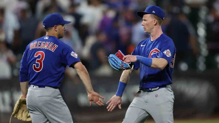 Chicago Cubs' Alex Bregman (3) and Pete Crow-Armstrong, right, celebrate after a win in the 10th inning of a baseball game against the New York Mets, Thursday, June 25, 2026, in New York. (Heather Khalifa/AP)