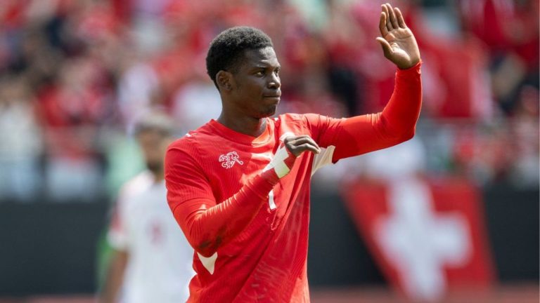 Switzerland's Breel Embolo celebrates scoring during the international friendly soccer match between Switzerland and Jordan in St. Gallen, Switzerland, Sunday, May 31, 2026. (Gian Ehrenzeller/Keystone via AP)