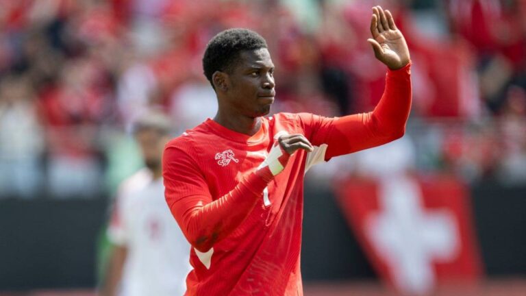 Switzerland's Breel Embolo celebrates scoring during the international friendly soccer match between Switzerland and Jordan in St. Gallen, Switzerland, Sunday, May 31, 2026. (Gian Ehrenzeller/Keystone via AP)