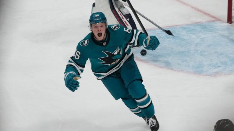 San Jose Sharks right wing Ethan Cardwell (56) reacts after scoring during an NHL hockey game against the Seattle Kraken in San Jose, Calif., Friday, Nov. 29, 2024. (Jeff Chiu/AP)