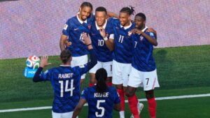 France's Kylian Mbappe (10) celebrates with teammates after scoring his side's third goal during the World Cup round of 32 soccer match between France and Sweden in East Rutherford, N.J., near New York, Tuesday, June 30, 2026. (Yuki Iwamura/AP)