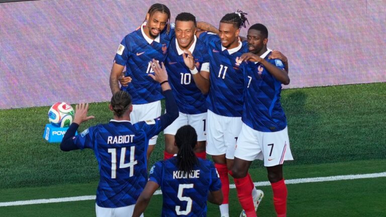 France's Kylian Mbappe (10) celebrates with teammates after scoring his side's third goal during the World Cup round of 32 soccer match between France and Sweden in East Rutherford, N.J., near New York, Tuesday, June 30, 2026. (Yuki Iwamura/AP)