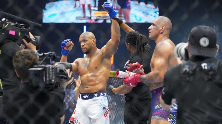Ciryl Gane wins the interim heavyweight title bout against Alex Pereira, right, at UFC Freedom 250on the South Lawn of the White House, Monday, June 15, 2026, in Washington. (Alex Brandon/AP)