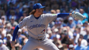 Toronto Blue Jays pitcher Kevin Gausman throws the ball against the Chicago Cubs during the first inning of a baseball game Friday, June 19, 2026, in Chicago. (David Banks/AP)