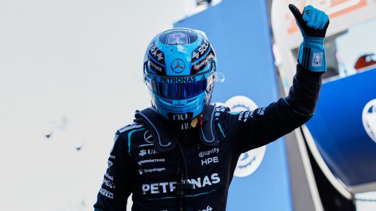 Mercedes driver George Russell of Britain celebrates his pole position after qualifying session for the Spain F1 Grand Prix at the Barcelona Catalunya racetrack in Montmelo, near Barcelona, Spain, Saturday, June 13, 2026. (Joan Monfort/AP)