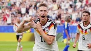 Germany's Nico Schlotterbeck celebrates after scoring his side's second goal during the World Cup Group E soccer match between Germany and Curacao in Houston, Sunday, June 14, 2026. (Karen Warren/AP)