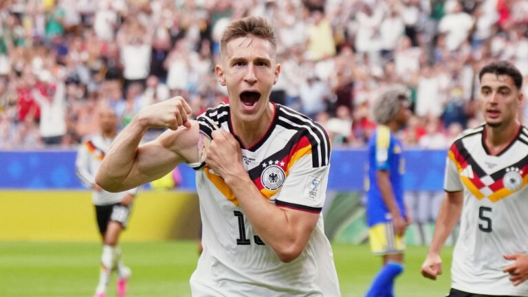 Germany's Nico Schlotterbeck celebrates after scoring his side's second goal during the World Cup Group E soccer match between Germany and Curacao in Houston, Sunday, June 14, 2026. (Karen Warren/AP)