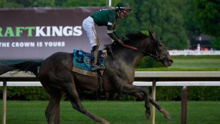 Golden Tempo (9) with Jockey Jose Ortiz crosses the finish line to win the 158th running of the Belmont Stakes horse race, Saturday, June 6, 2026, in Saratoga Springs, N.Y. (Yuki Iwamura/AP)