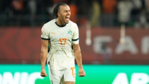Ivory Coast's Guela Doue celebrates after scoring his side's second goal during the Africa Cup of Nations quarterfinal soccer match between Egypt and Ivory Coast, in Agadir, Morocco, Saturday, Jan. 10, 2026. (Mosa'ab Elshamy/AP)