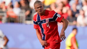 Norway's Erling Haaland (9) runs on the field during the World Cup Group I soccer match between Iraq and Norway in Foxborough, Mass., near Boston, Tuesday, June 16, 2026. (Charles Krupa/AP Photo)