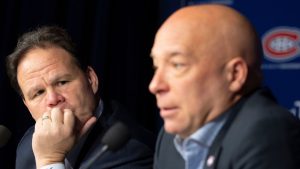 Montreal Canadiens executive president Jeff Gorton, left, and general manager Kent Hughes speak to the media during their end of season news conference in Montreal on Monday, May 5, 2025. (Christinne Muschi/CP)