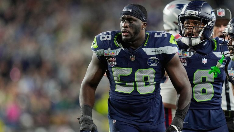 Seattle Seahawks linebacker Derick Hall (58) reacts after a play during the NFL Super Bowl 60 football game, Sunday, Feb. 8, 2026, in Santa Clara, Calif. (Steve Luciano/AP)