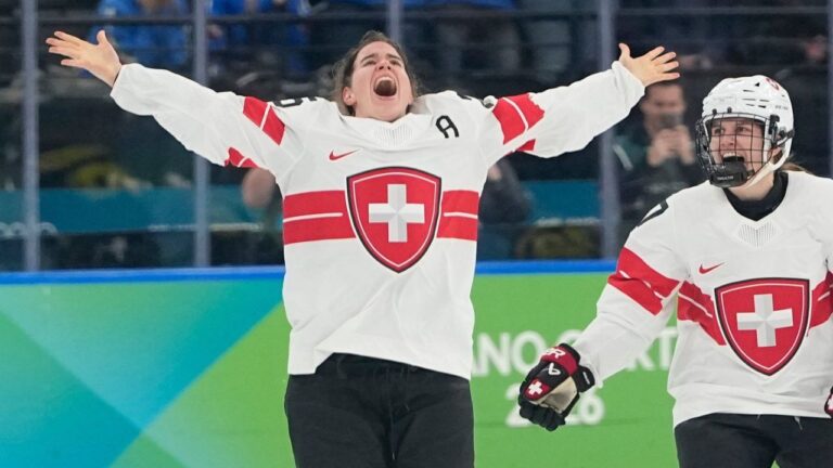 Switzerland's Alina Muller (25) celebrates after a women's ice hockey bronze medal game between Switzerland and Sweden at the 2026 Winter Olympics, in Milan, Italy, Thursday, Feb. 19, 2026. (Hassan Ammar/AP)