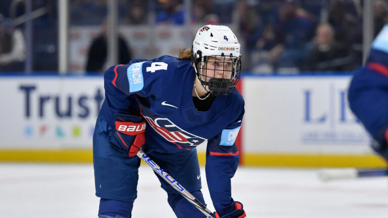 United States defender Caroline Harvey (4) skates during the first period of a Rivalry Series women's hockey game against Canada, Saturday, Nov. 8, 2025, in Buffalo, N.Y. (Adrian Kraus/AP)