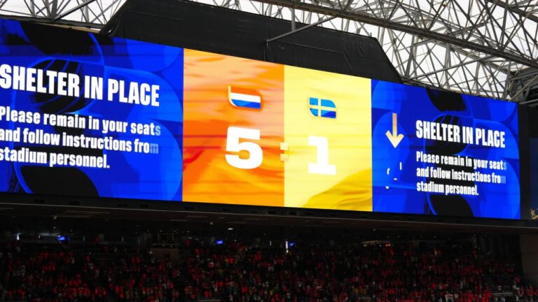 A giant monitor shows the score after the World Cup Group F soccer match between the Netherlands and Sweden in Houston, Saturday, June 20, 2026. (Karen Warren/AP)