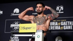 Lightweight fighter Ilia Topuria poses during the official UFC Freedom 250 weigh-ins, Saturday, June 13, 2026, in Washington, ahead of Sunday's fight on the South Lawn of the White House. (Manuel Balce Ceneta/AP)