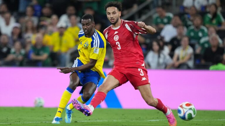 Sweden's Alexander Isak (9) scores the second goal against Tunisia's Montassar Talbi (3) during the World Cup Group F soccer match between Sweden and Tunisia in Guadalupe, near Monterrey, Mexico, Sunday, June 14, 2026. (Moises Castillo/AP)