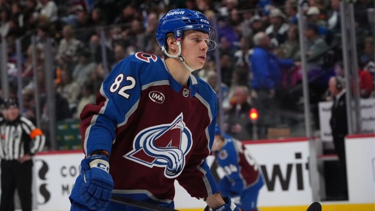 Colorado Avalanche centre Ivan Ivan (82) in the second period of an NHL hockey game Wednesday, Nov. 26, 2025, in Denver. (David Zalubowski/AP)