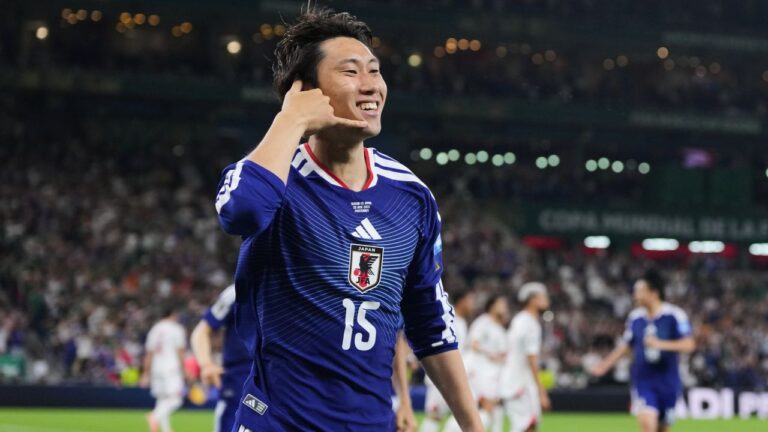Japan's Daichi Kamada (15) celebrates scoring his side's first goal against Tunisia during the World Cup Group F soccer match in Guadalupe, near Monterrey, Mexico, Saturday, June 20, 2026. (Matias Delacroix/AP Photo)