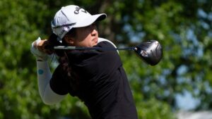 Jing Yan hits from the 9th tee during the first round of the ShopRite LPGA Classic golf tournament, Friday, May 29, 2026, in Galloway, N.J. (Chris Szagola/AP Photo)