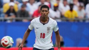 England's Jude Bellingham (10) eyes the ball during the World Cup Group L soccer match between England and Ghana in Foxborough, Mass., near Boston, Tuesday, June 23, 2026. (Martin Meissner/AP)