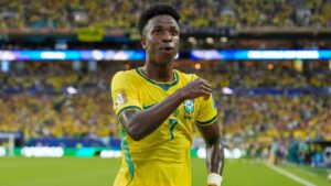 Brazil's Vinicius Junior (7) celebrates after scoring his team's second goal during the World Cup Group C soccer match between Scotland and Brazil in Miami Gardens, Fla., Wednesday, June 24, 2026. (Rebecca Blackwell/AP Photo)