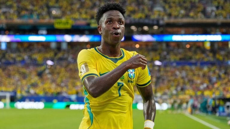 Brazil's Vinicius Junior (7) celebrates after scoring his team's second goal during the World Cup Group C soccer match between Scotland and Brazil in Miami Gardens, Fla., Wednesday, June 24, 2026. (Rebecca Blackwell/AP Photo)