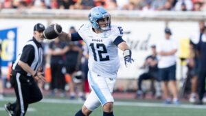 Toronto Argonauts quarterback Chad Kelly (12) throws during first half CFL football action against the Montreal Alouettes, in Montreal on Friday, June 12, 2026. (Christinne Muschi/THE CANADIAN PRESS)