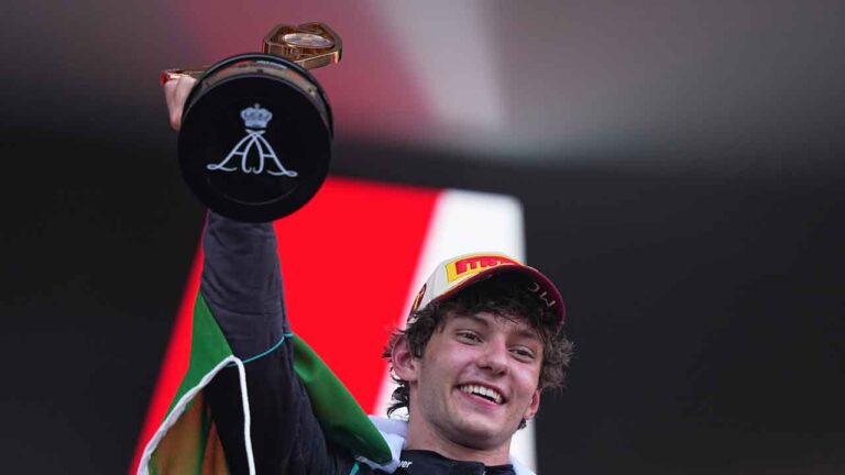 Mercedes driver Andrea Kimi Antonelli, of Italy, celebrates on the podium after winning the Formula One Monaco Grand Prix race. (Fatima Shbair/AP)