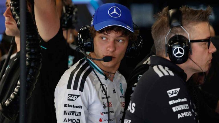 Mercedes driver Andrea Kimi Antonelli of Italy stands at pit during the first free practice for the Spain F1 Grand Prix at the Barcelona Catalunya racetrack. (Joan Monfort/AP)