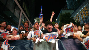 New York Knicks fans cheer during a watch party for Game 5 of the NBA Finals basketball series against the San Antonio Spurs, Saturday, June 13, 2026, in New York. (Heather Khalifa/AP)