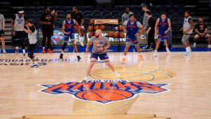 The New York Knicks practice prior to Game 3 of the NBA Finals basketball series against the San Antonio Spurs, Sunday, June 7, 2026, in New York. (Ross D. Franklin/AP)