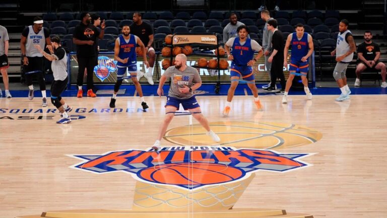The New York Knicks practice prior to Game 3 of the NBA Finals basketball series against the San Antonio Spurs, Sunday, June 7, 2026, in New York. (Ross D. Franklin/AP)